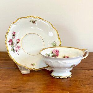 Vintage Edelstein Bavarian China Cup & Saucer - "Moss Rose"